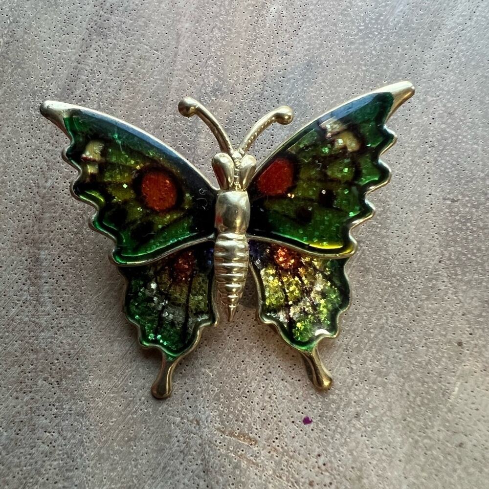 Vintage Butterfly Green Red Gold Enamel Brooch Pin